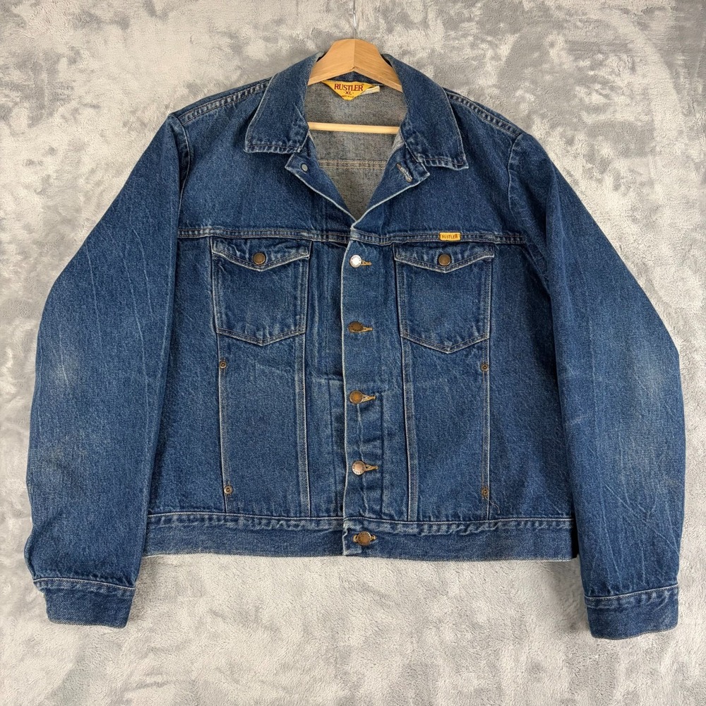Vintage 70s Rustler Denim Trucker Jacket XL Made in USA Blue Cowboy Rancher